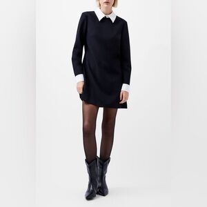 Gold Detailed White Collar Black Lace Longsleeve Drop Waist Mini Dress